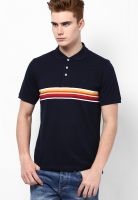 Peter England Navy Blue Striped Polo T-Shirts