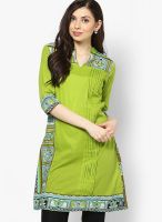 Rain & Rainbow Cotton Green A-Line Kurta