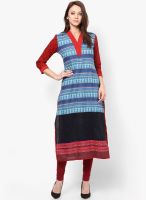 Raindrops Blue Chikankari Striped Print Cotton Blend Kurta