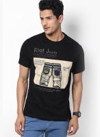 Riot Jeans Black Printed Round Neck T-Shirts