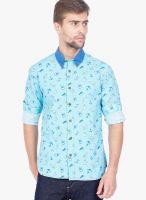 Slub Aqua Blue Printed Slim Fit Casual Shirt