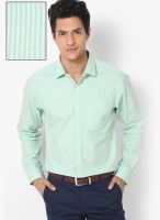 Wills Lifestyle Green Striped Slim Fit Formal Shirt