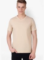 American Crew Beige Solid V Neck T-Shirts