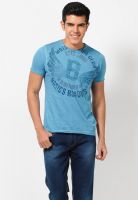 Basics Blue Printed Round Neck T-Shirts
