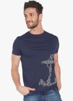 Globus Navy Blue Printed Round Neck T-Shirt