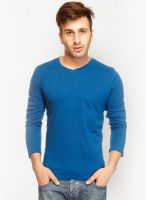 Gritstones Blue Solid V Neck T-Shirts