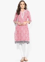 Sangria Printed Kurta With Embroidered Neck And Border At Sleeve And Hem