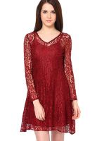 The Vanca Maroon Colored Embroidered Skater Dress