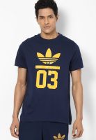 Adidas Originals Navy Blue Solid Round Neck T-Shirts