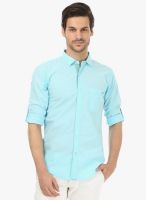 Basics Aqua Blue Solid Slim Fit Casual Shirt