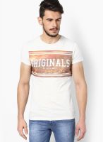 Jack & Jones Off White Printed Round Neck T-Shirts