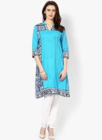 Rain & Rainbow Cotton Blue A-Line Kurta