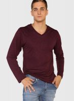 Globus Maroon Solid V Neck T-Shirts