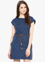 Harpa Navy Blue Colored Solid Shift Dress With Belt