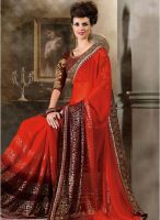 Inddus Red Georgette Embroidered Solid Saree