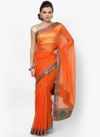 Mrignain Net Orange Embroidered Saree