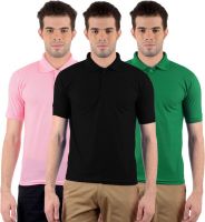 Gdivine Solid Men's Polo Neck Pink, Green, Black T-Shirt(Pack of 3)