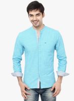 La Seven Aqua Blue Solid Slim Fit Casual Shirt