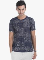Zobello Navy Blue Printed Round Neck T-Shirt