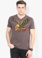 Ed Hardy Grey Printed V Neck T-Shirts