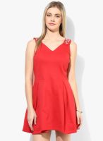 Riot Jeans Red Colored Solid Skater Dress