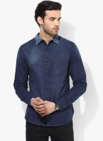 Blue Saint Navy Blue Washed Slim Fit Casual Shirt