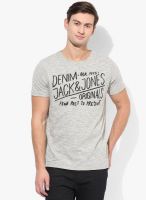 Jack & Jones Grey Printed Round Neck T-Shirts