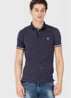 Mufti Navy Blue Printed Polo T-Shirts