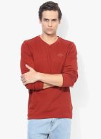 Pepe Jeans Red Solid V Neck T-Shirt