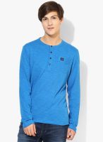 Peter England Blue Solid Henley Neck T-Shirt