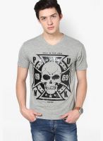Punk Grey Printed V Neck T-Shirt