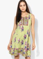 Rain & Rainbow Green Colored Printed Shift Dress