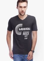 Slub Dark Grey Printed Round Neck T-Shirts