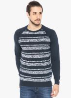 Status Quo Navy Blue Striped Round Neck T-Shirt