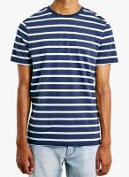 TOPMAN Navy Blue Striped Round Neck T-Shirt