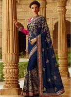 Touch Trends Navy Blue Embroidered Saree