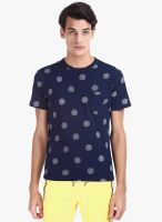 Zobello Navy Blue Printed Round Neck T-Shirt