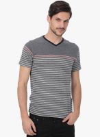 Basics Navy Blue Striped V Neck T-Shirt