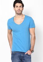 Gas Blue Solid V Neck T-Shirt