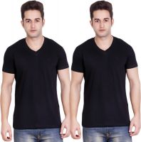 LUCfashion Solid Men's V-neck Black, Black T-Shirt(Pack of 2)