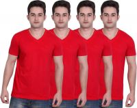 LUCfashion Solid Men's V-neck Red T-Shirt(Pack of 4)