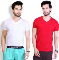 LUCfashion Solid Men's V-neck White, Red T-Shirt(Pack of 2)