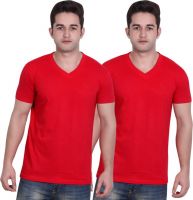 LUCfashion Solid Men's V-neck Red T-Shirt(Pack of 2)