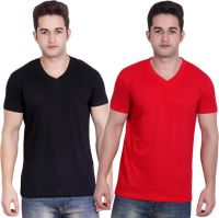 LUCfashion Solid Men's V-neck Black, Red T-Shirt(Pack of 2)