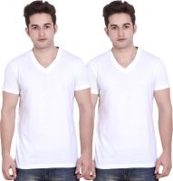 LUCfashion Solid Men's V-neck White T-Shirt(Pack of 2)