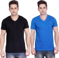 LUCfashion Solid Men's V-neck Blue, Black T-Shirt(Pack of 2)