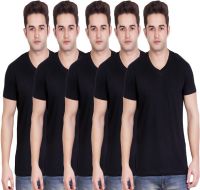 LUCfashion Solid Men's V-neck Black T-Shirt(Pack of 5)