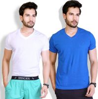LUCfashion Solid Men's V-neck White, Blue T-Shirt(Pack of 2)