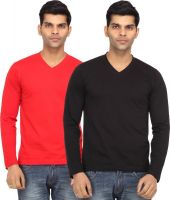 Leana Solid Men's V-neck Red, Black T-Shirt(Pack of 2)