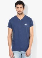 Pepe Jeans Navy Blue Solid V Neck T-Shirts